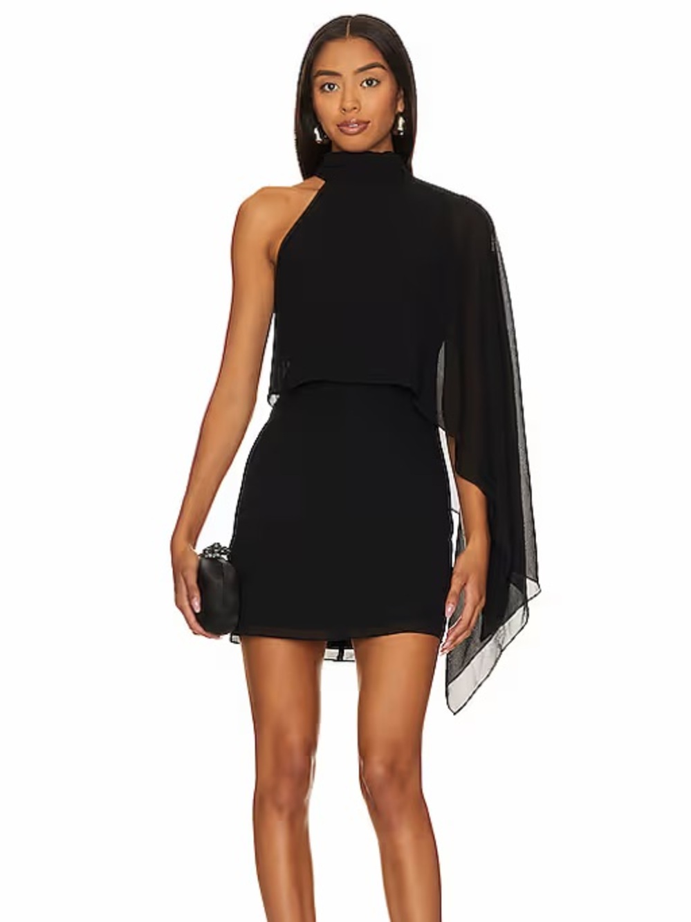 NBD Black One-Shoulder Asymmetrical Mini Dress with Draped Cape